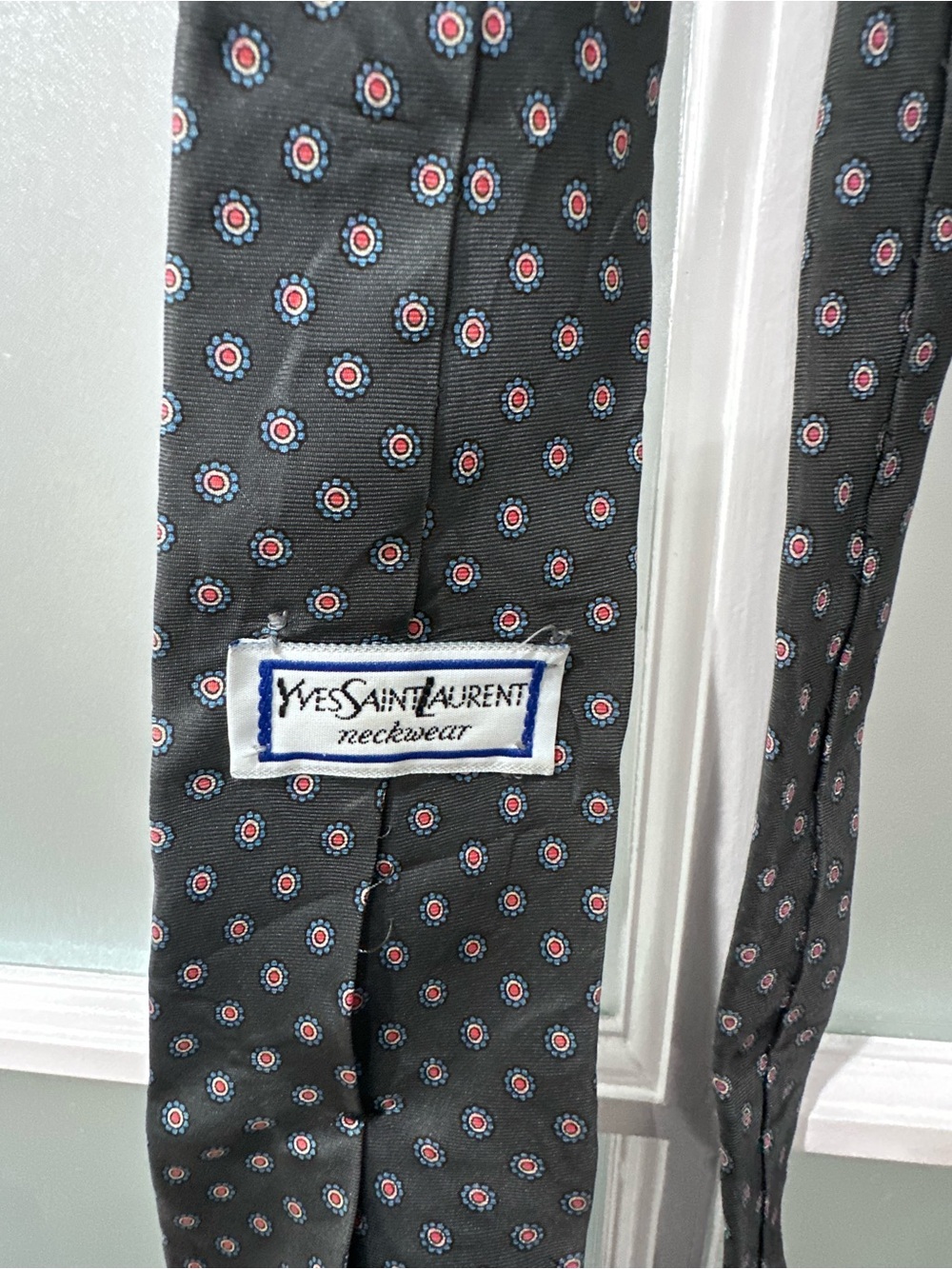 Vintage Yves Saint Laurent Mens Silk Tie Charcoal Medallion Geometric Floral